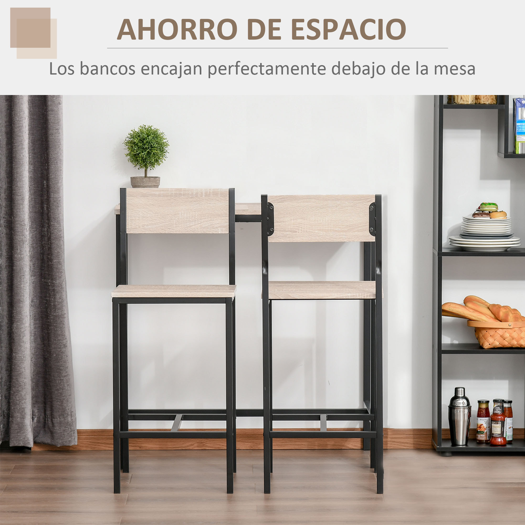 Conjunto Mesa Alta de Cocina con 2 Taburetes, Mesa de Bar Alta, Ahorro de Espacio, para Pisos Pequeños, Comedor, Balcón o Isla Cocina, Estilo Industrial, 89x45x87 cm, Natural y Negro