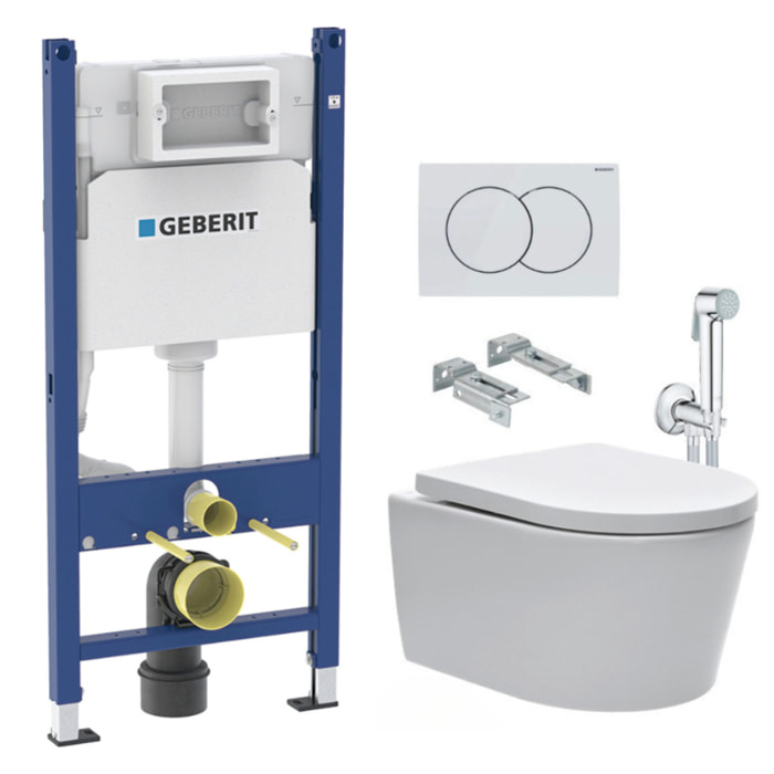 Pack WC sans bride SAT, fixations invisibles + Abattant softclose + Bâti support Geberit UP100 + Plaque + Douchette Grohe