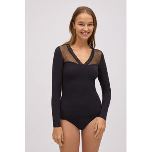 T-shirt in cotone a maniche lunghe con dettagli neri sullo scollo