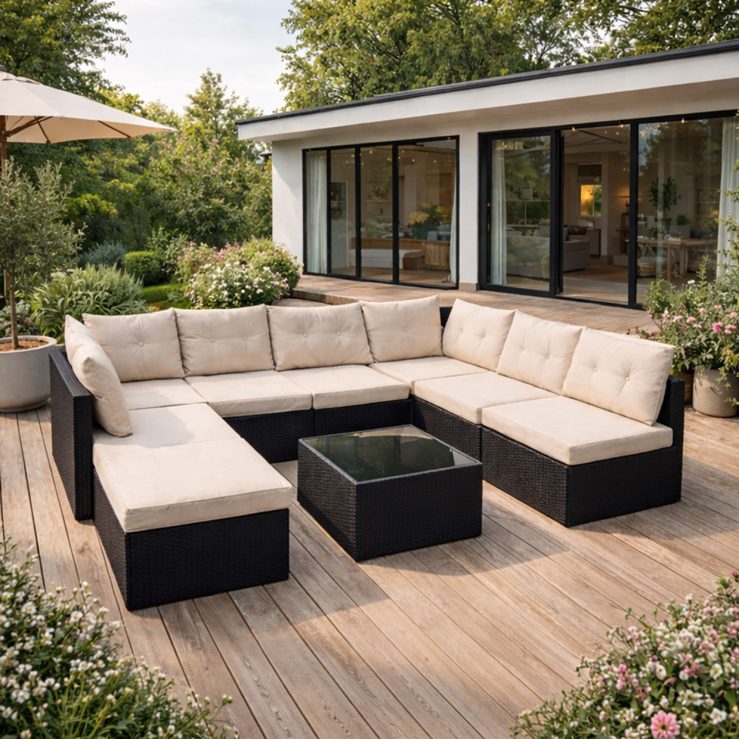 LOLA Salon de jardin 8 places en résine tressée noir et beige