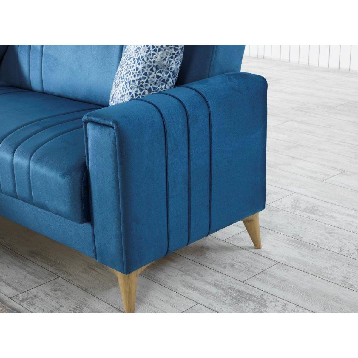 Divano letto Miguel, Divano letto contenitore ad angolo con 3 cuscini inclusi, Sofàin tessuto imbottito con apertura click-clack, con penisola reversibile, 225x151h84 cm, Blu