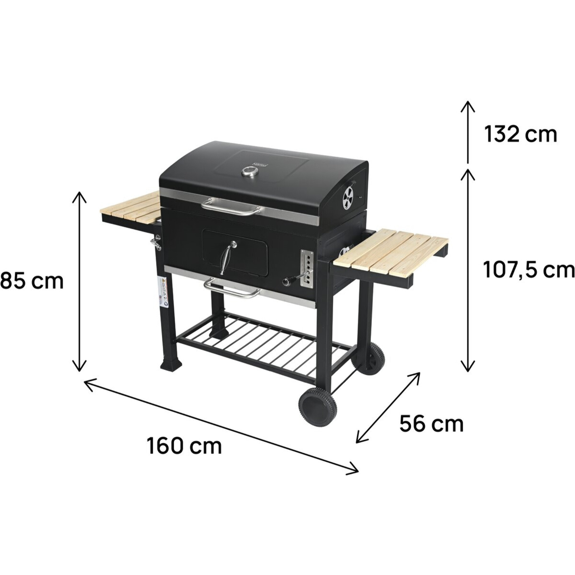 Barbecue charbon avec tablettes latérales et grilles réglables "Marquis" - Noir