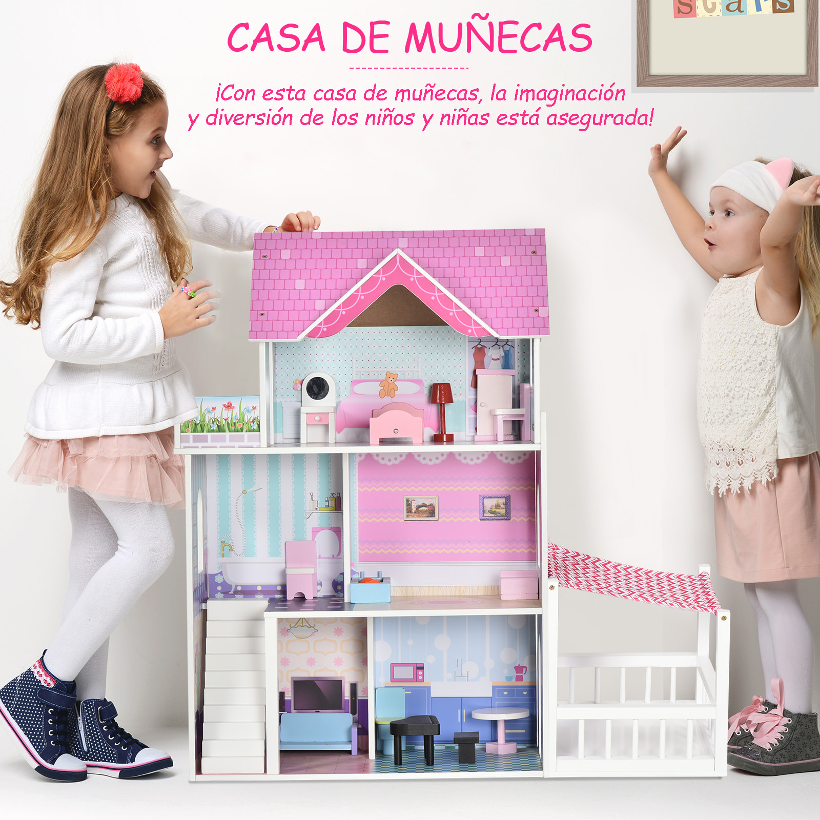 Casa de Muñecas de 3 Pisos con Patio Rosa