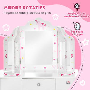 Coiffeuse enfant avec tabouret, miroir triptyque et tiroir coulissant - coiffeuse dim. 63L x 40l x 85,5H cm - MDF blanc, rose