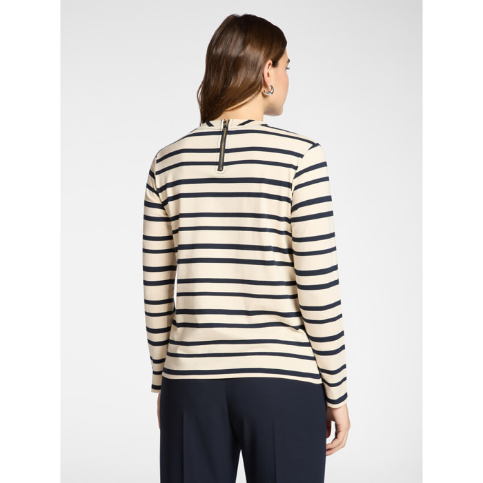 Elena Mirò - T-shirt rigata con ricamo floreale - Beige