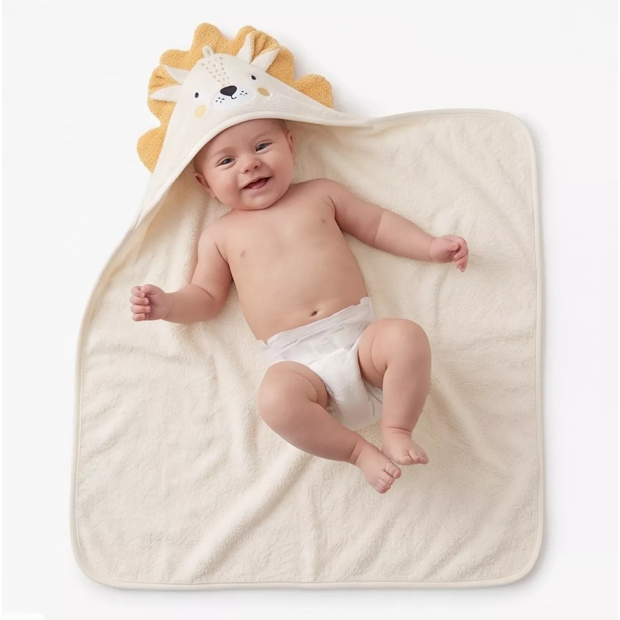 Cape de bain enfant pur coton 420 g/m² brodé jaune beige Petit lion angora
