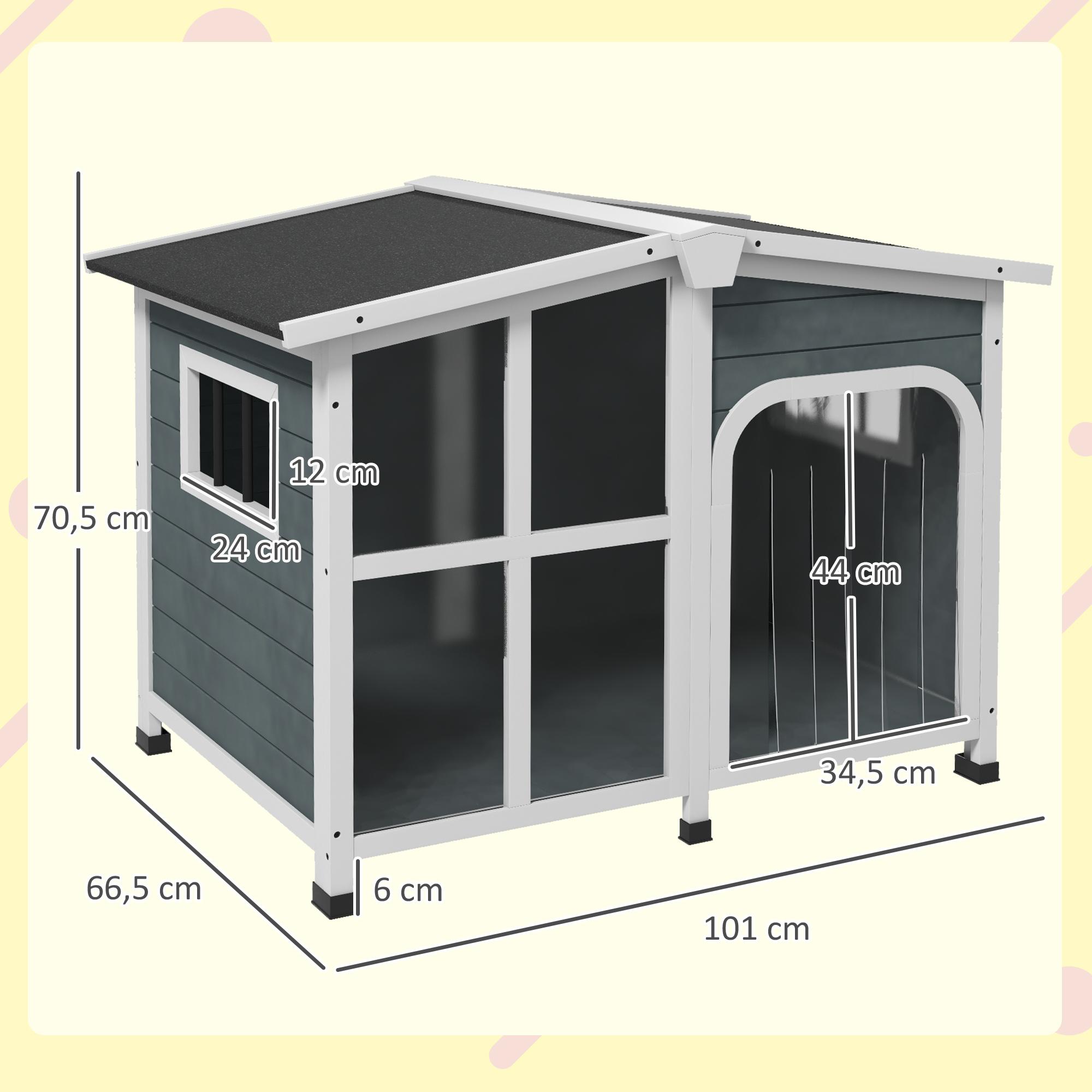 Caseta para Perros Casa para Perros Pequeños de Madera con Techo Abatible Frontal de Acrílico Puerta con Cortina y Fondo Extraíble 101x66,5x70,5 cm Gris Oscuro