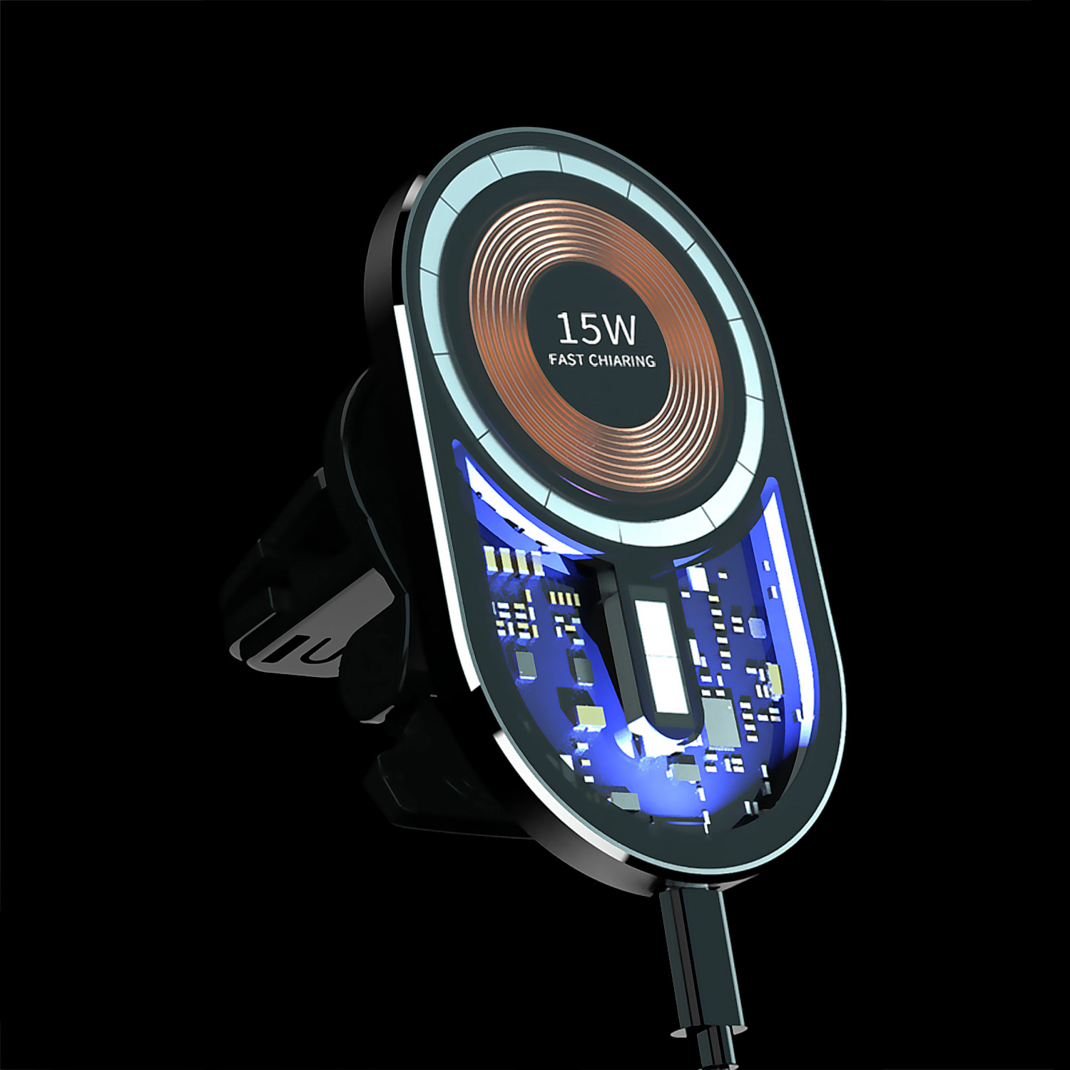Caricatore wireless per auto Magsafe, con clip per presa d'aria, 15W. Con luce ambientale a LED.