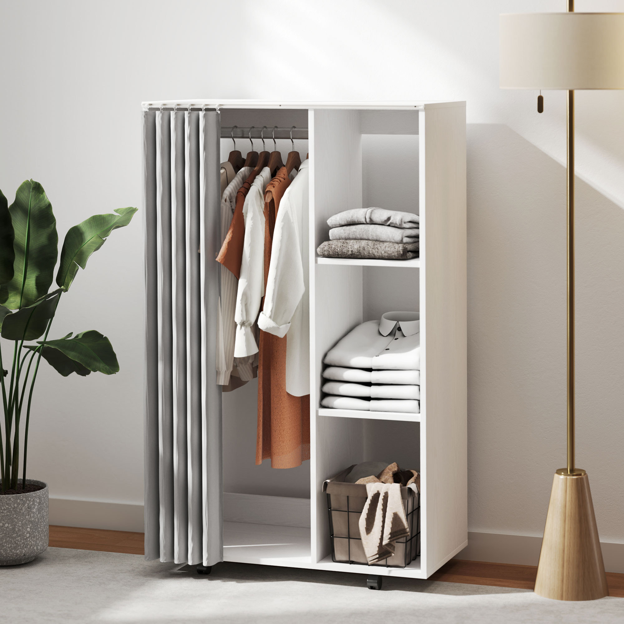 HOMCOM Armario Ropero con Ruedas, Armario para Ropa con Cortina, Barra para Colgar, 3 Estantes Abiertos, para Dormitorio, 80x40x128 cm, Blanco