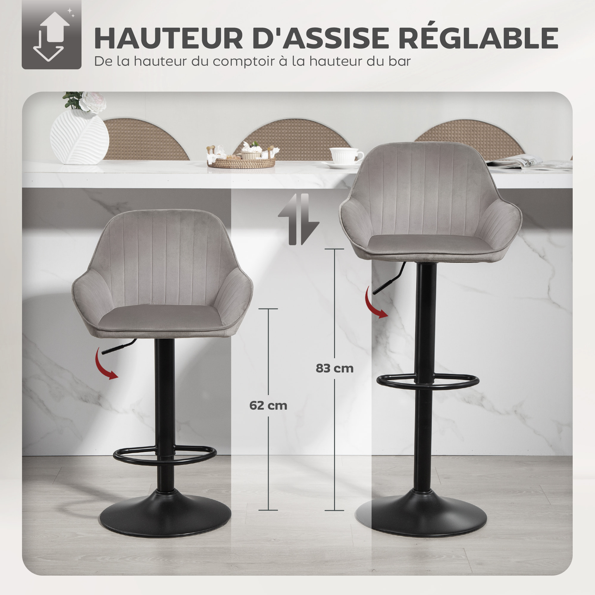Lot de 2 tabourets de bar design velours pivotant avec repose-pieds acier noir gris