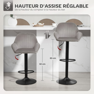 Lot de 2 tabourets de bar design velours pivotant avec repose-pieds acier noir gris