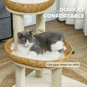 Arbre à chat style bohème aspect rotin tressé - griffoirs, 2 paniers coussins effet fourrure, balle suspendue - beige