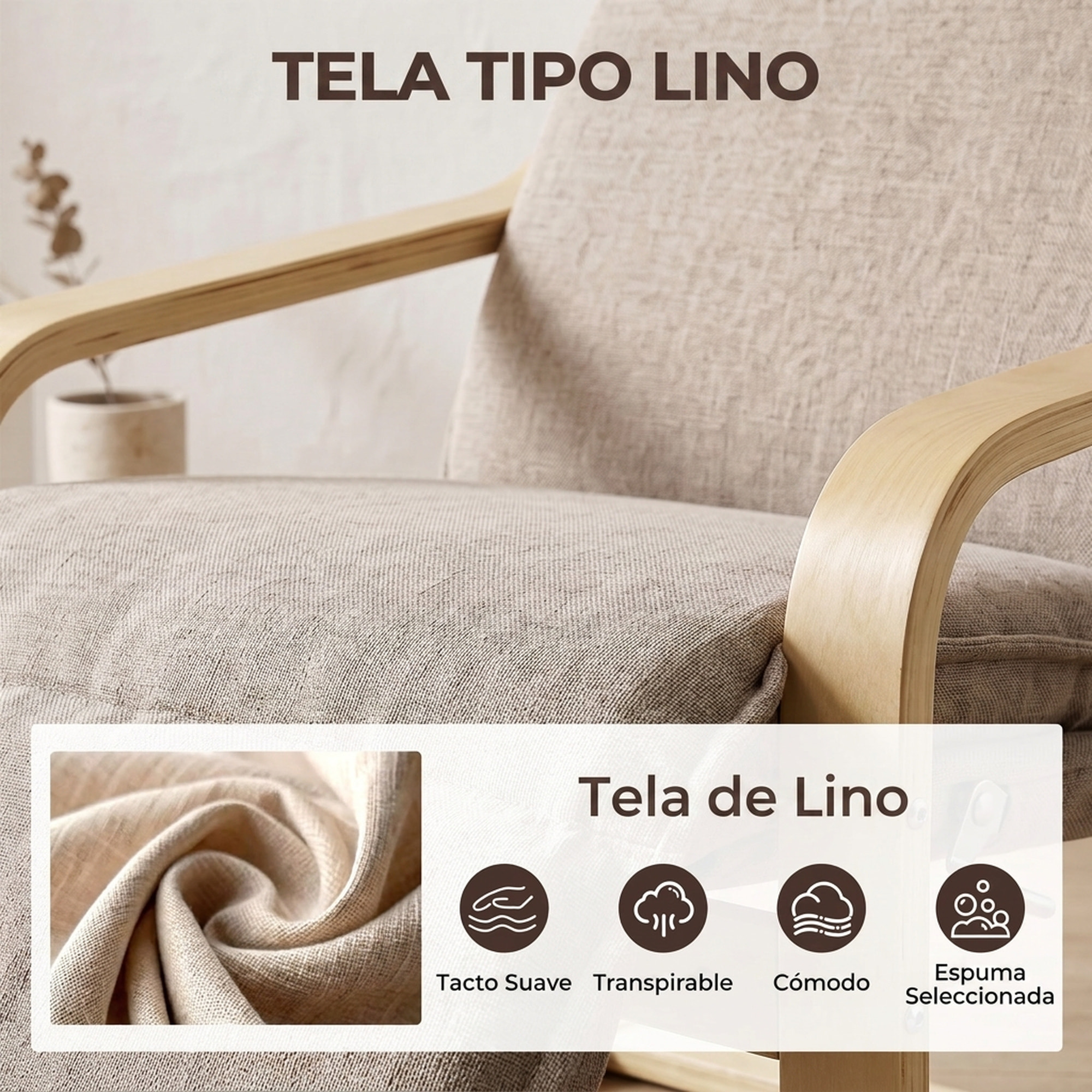 Sillón de Salón con Reposapiés, Butaca de Salón Tapizada en Lino con Balanceo Suave, Respaldo Alto, Asiento Ancho, Sillón de Relax para Dormitorio, Oficina, Estudio, Marrón Claro
