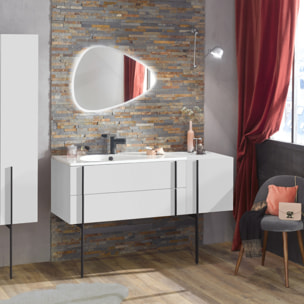 Meuble de salle de bain 145 cm Nouvelle Vague blanc brillant + tiroir rack + colonne 2 portes + pied