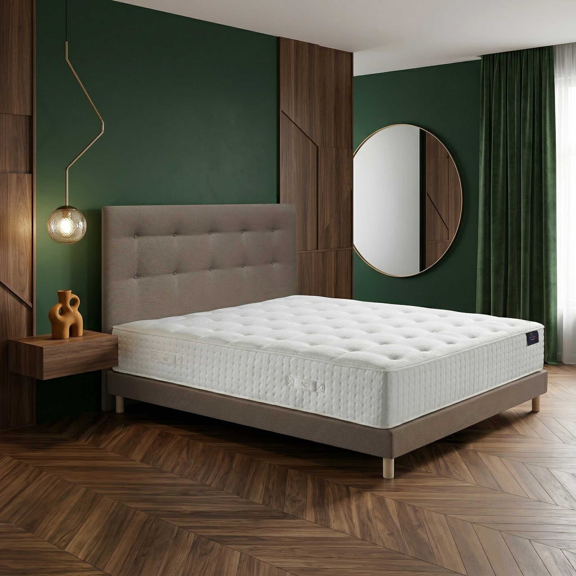 Ensemble matelas ressorts HÉLIOS, mémoire de forme, H31 cm, sommier et tête de lit taupe