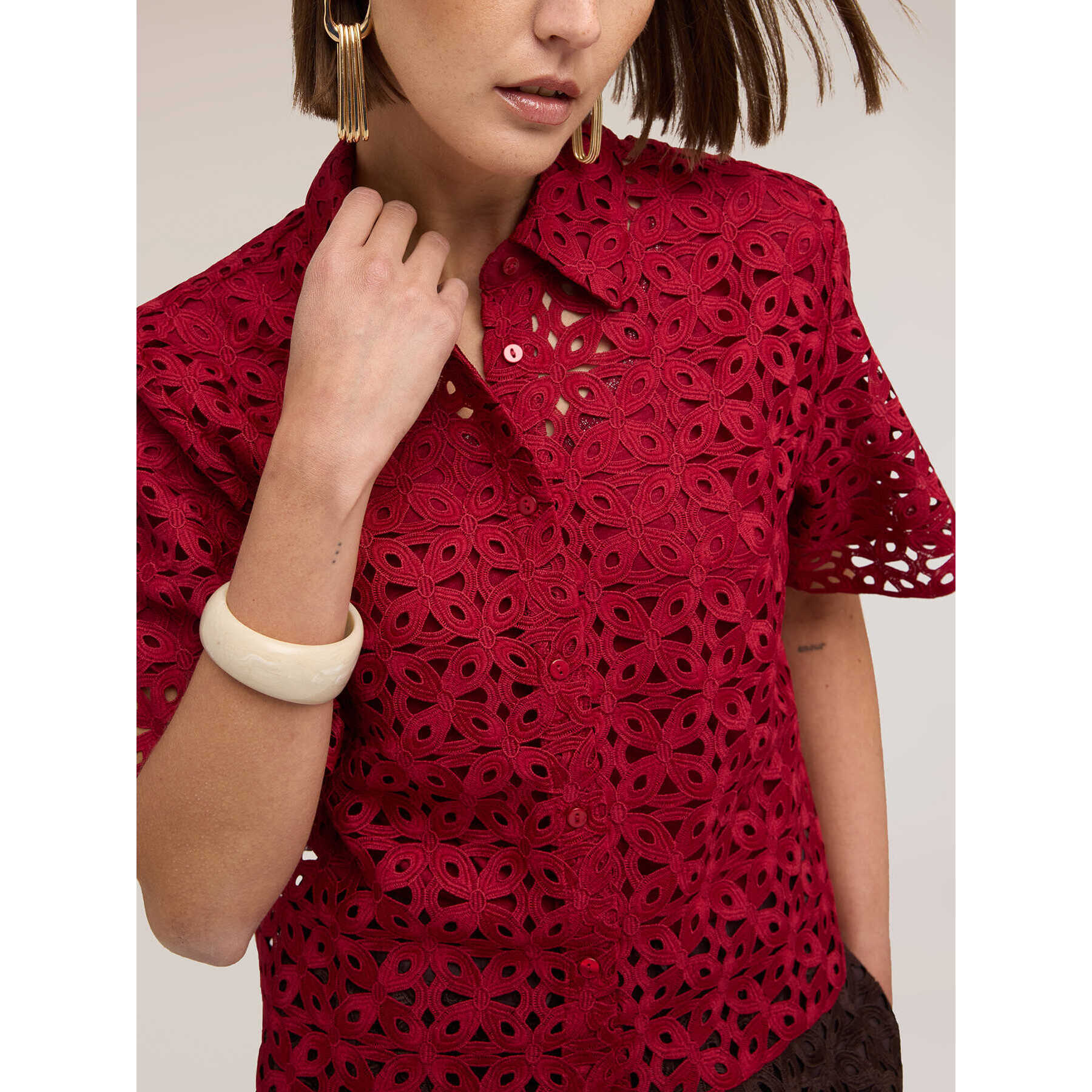 Motivi - Camisa boxy de encaje macramé - Rojo