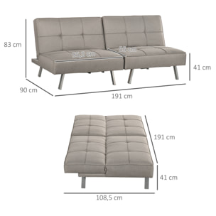 Canapé convertible 3 places design contemporain effet capitonné dossier inclinable modulable acier tissu gris clair