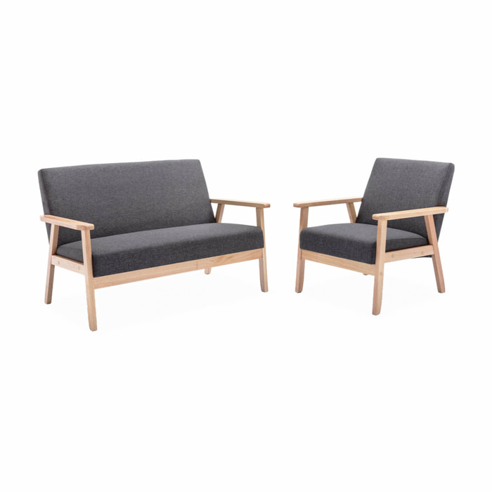 Banquette et fauteuil en bois et tissu gris foncé. Isak. L 114 x l 69.5 x H 73cm