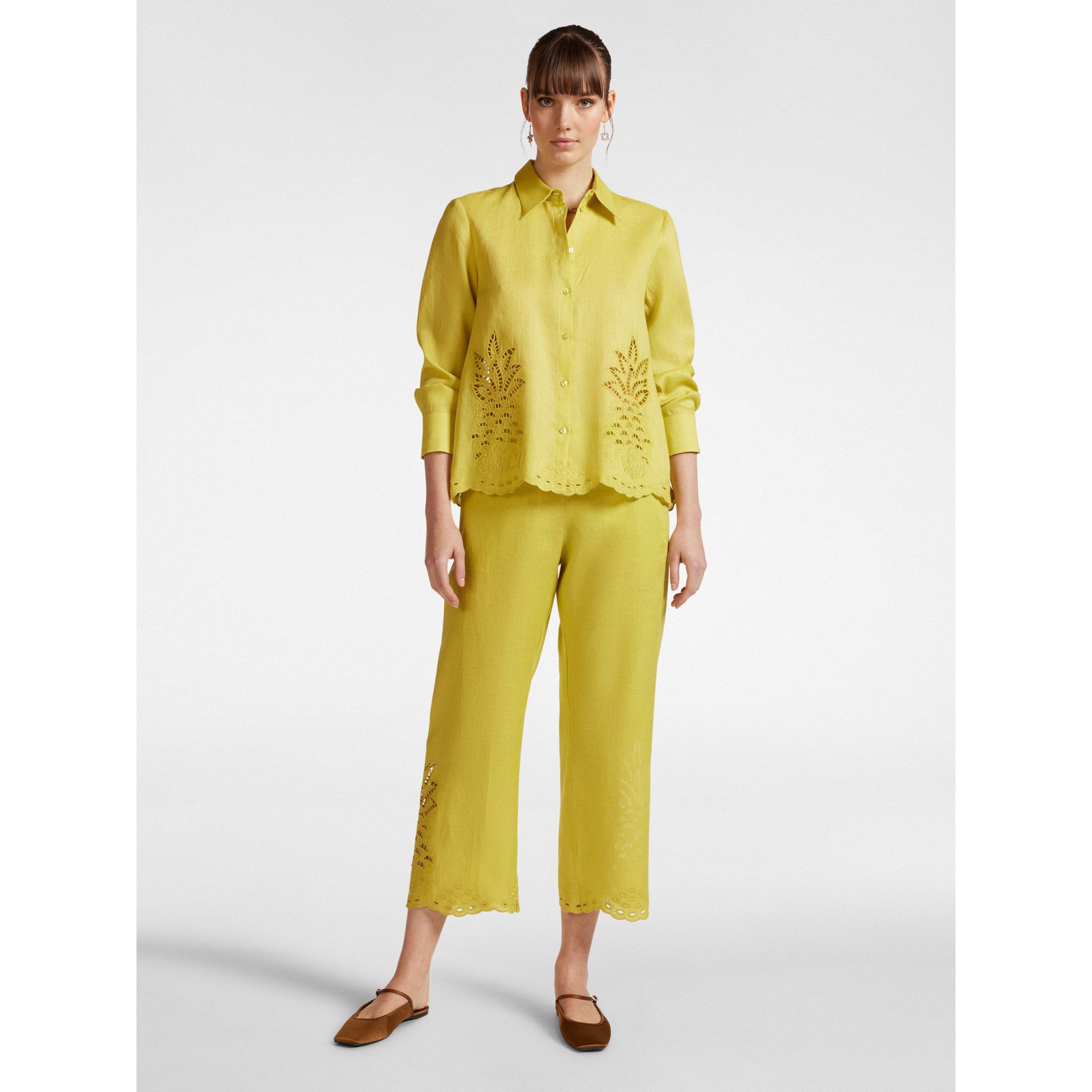 Elena Mirò - Camisa de lino con bordado calado - Verde