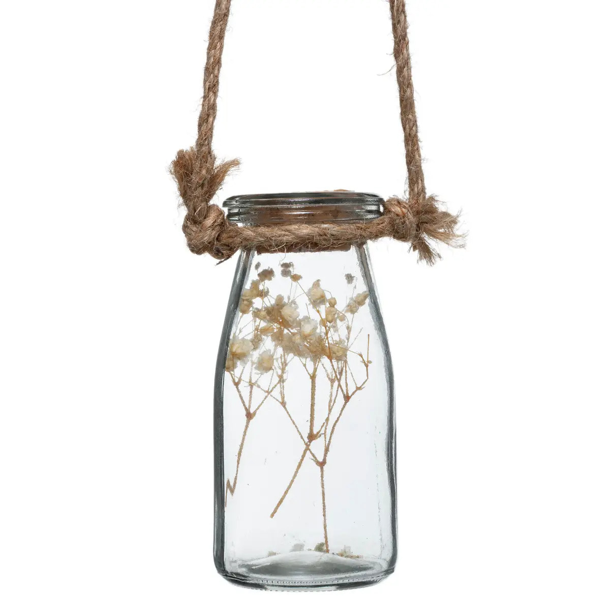 Suspension de 4 fleurs sechées pot verre H45cm