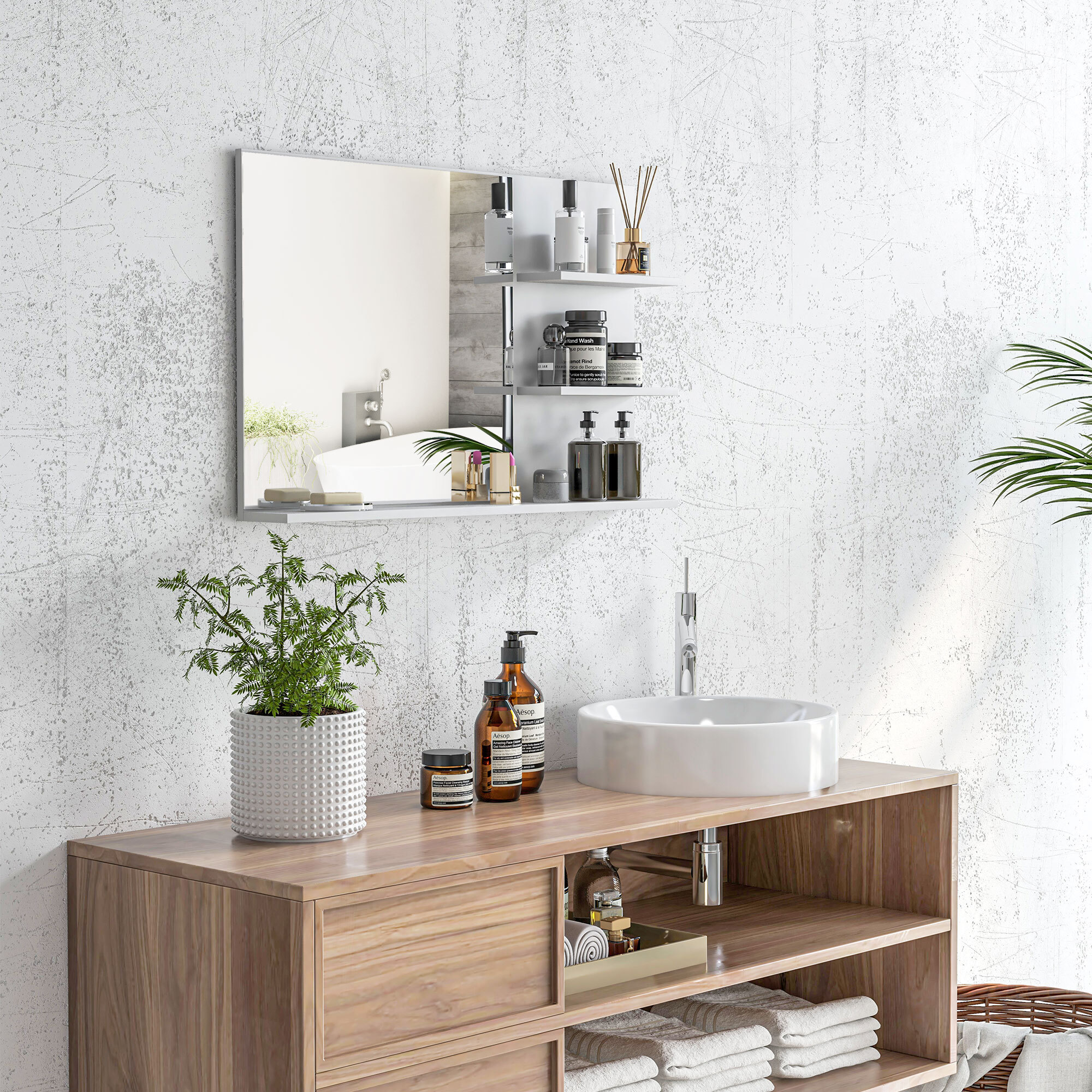 Espejo de Baño con 2 Estantes Laterales y Estante Inferior, Espejo de Pared, Estilo Moderno, para Entrada, Pasillo, 75x10x48 cm, Blanco