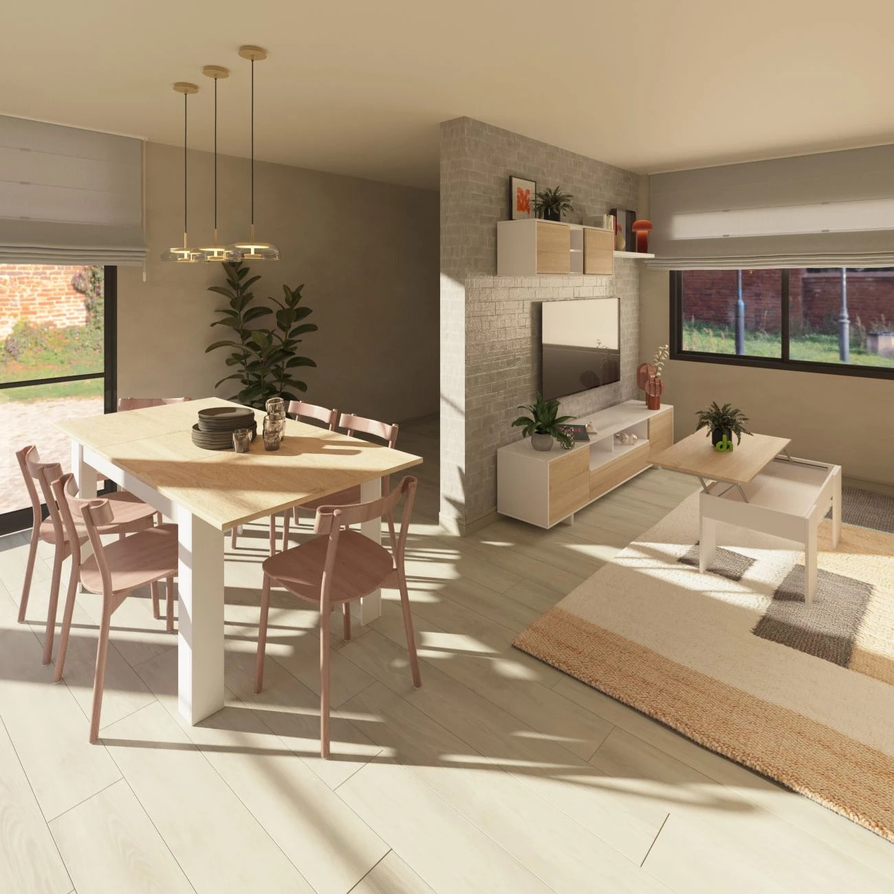 Mesa de centro elevable Vita Blanco Artik (Blanco Mate) - Roble Canadian