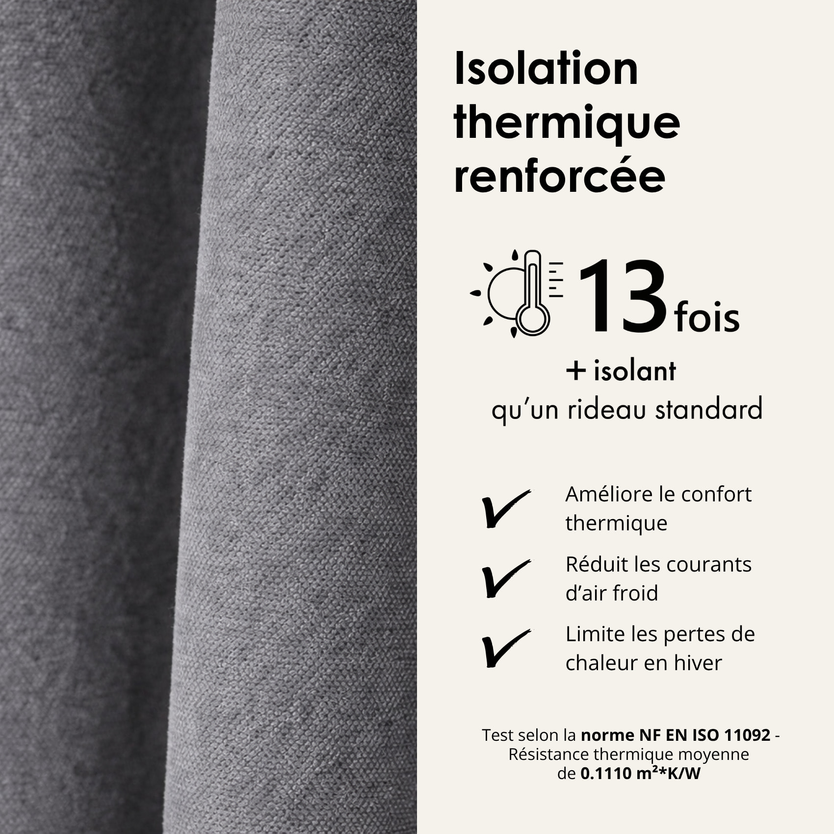 Rideau thermique phonique et semi occultant à galons fronceurs KONFOR - Gris anthracite