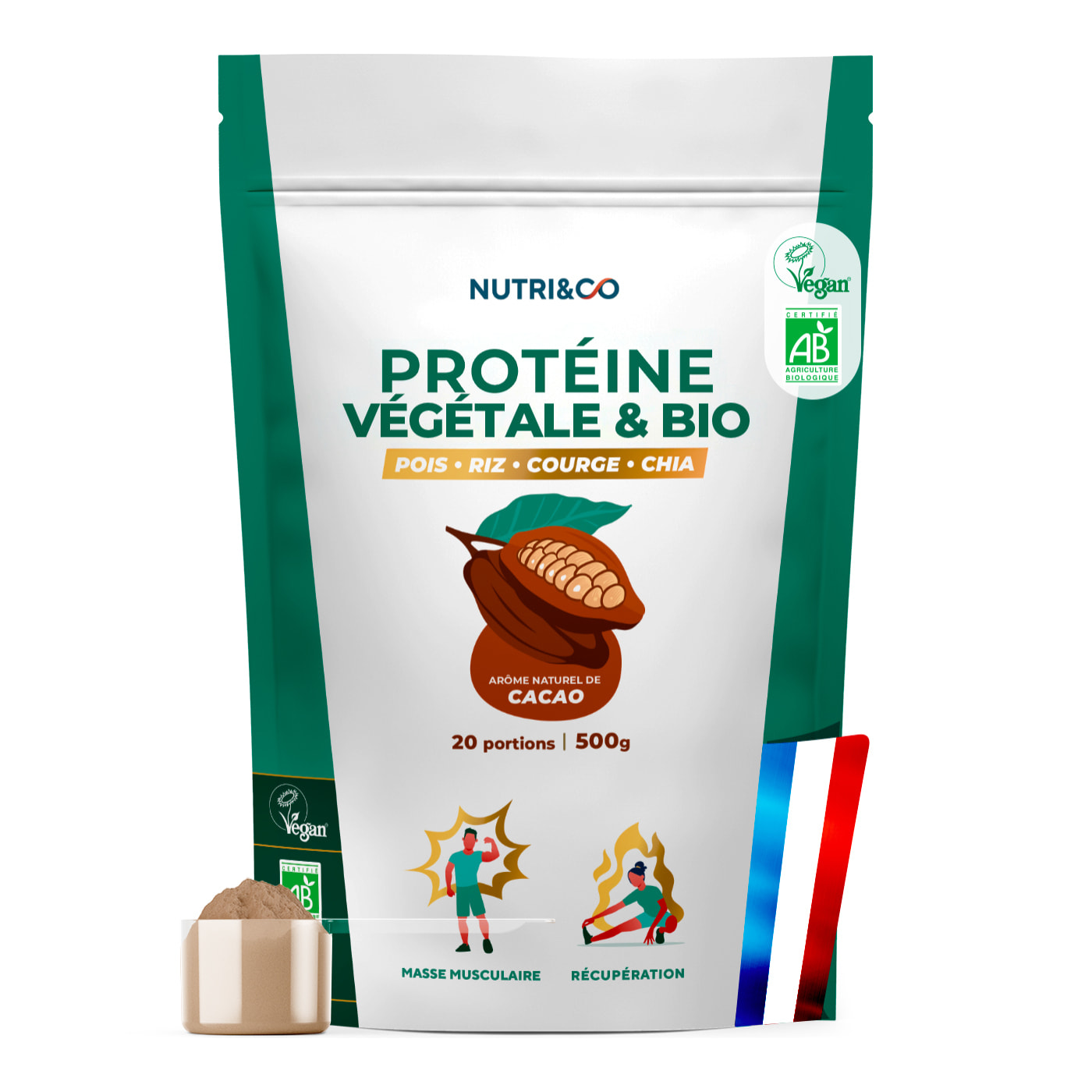 Nutri&Co Protéine Vegétale & Bio - 4 Sources : Pois, Riz, Chia et Courge - 500g goût Cacao