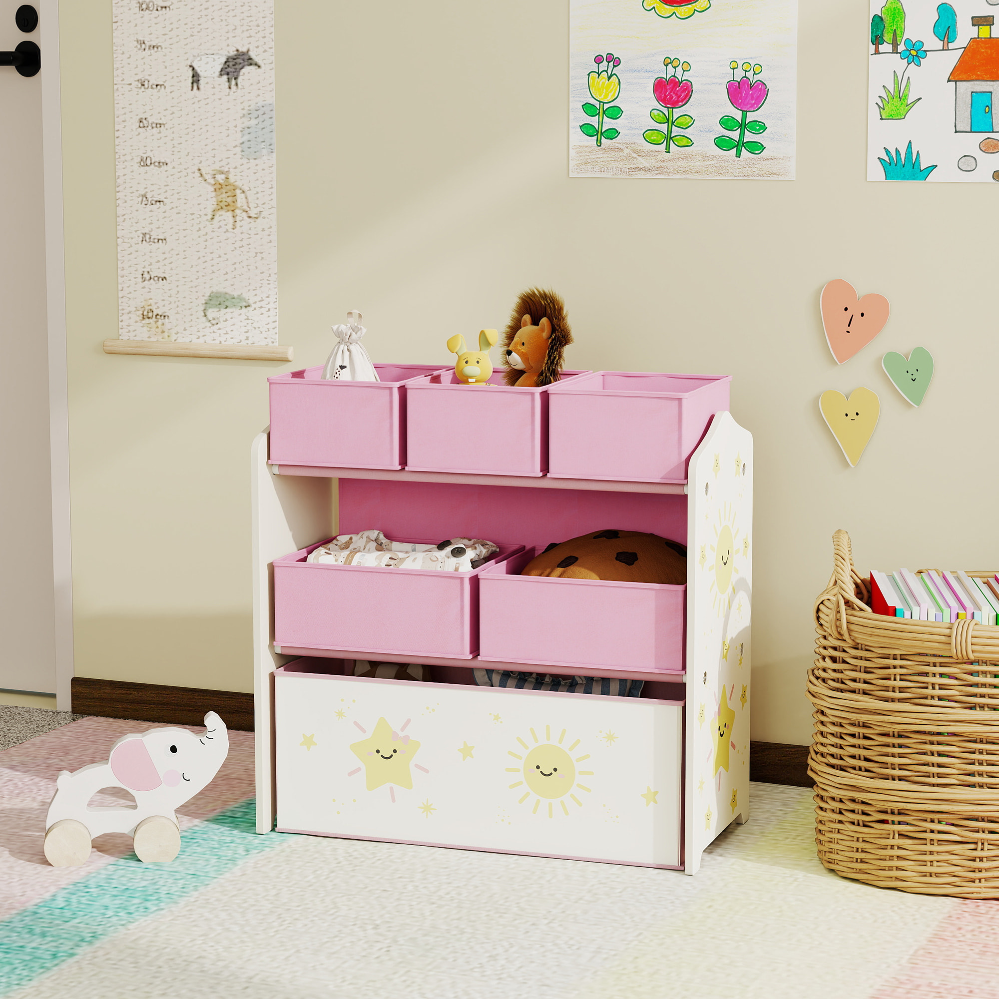 Estantería Infantil para Juguetes, con 6 Cajas Extraíbles de Tela no Tejida, Organizador de Juguetes de 3 Niveles, para Habitación Infantil, Sala de Juegos, Guardería, 63x30x66 cm, Rosa
