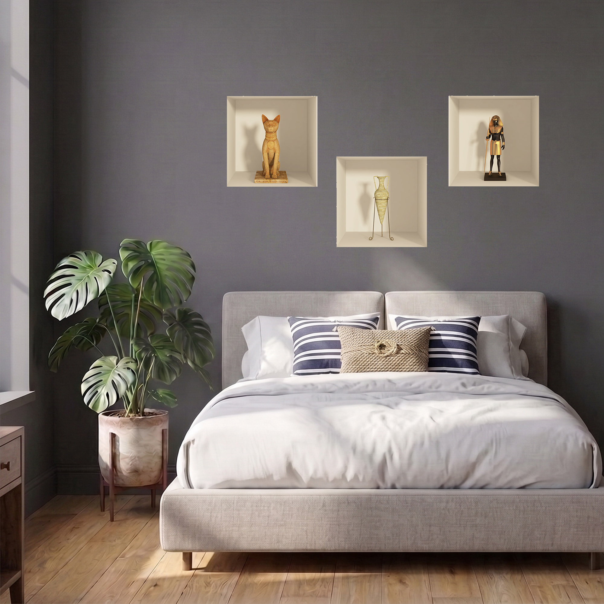 Stickers muraux 3D | Sticker Mural Autocollant effet 3D Egypte statues et chiens - Stickers adhésifs 3D Chambre Salon Trompe l'oeil