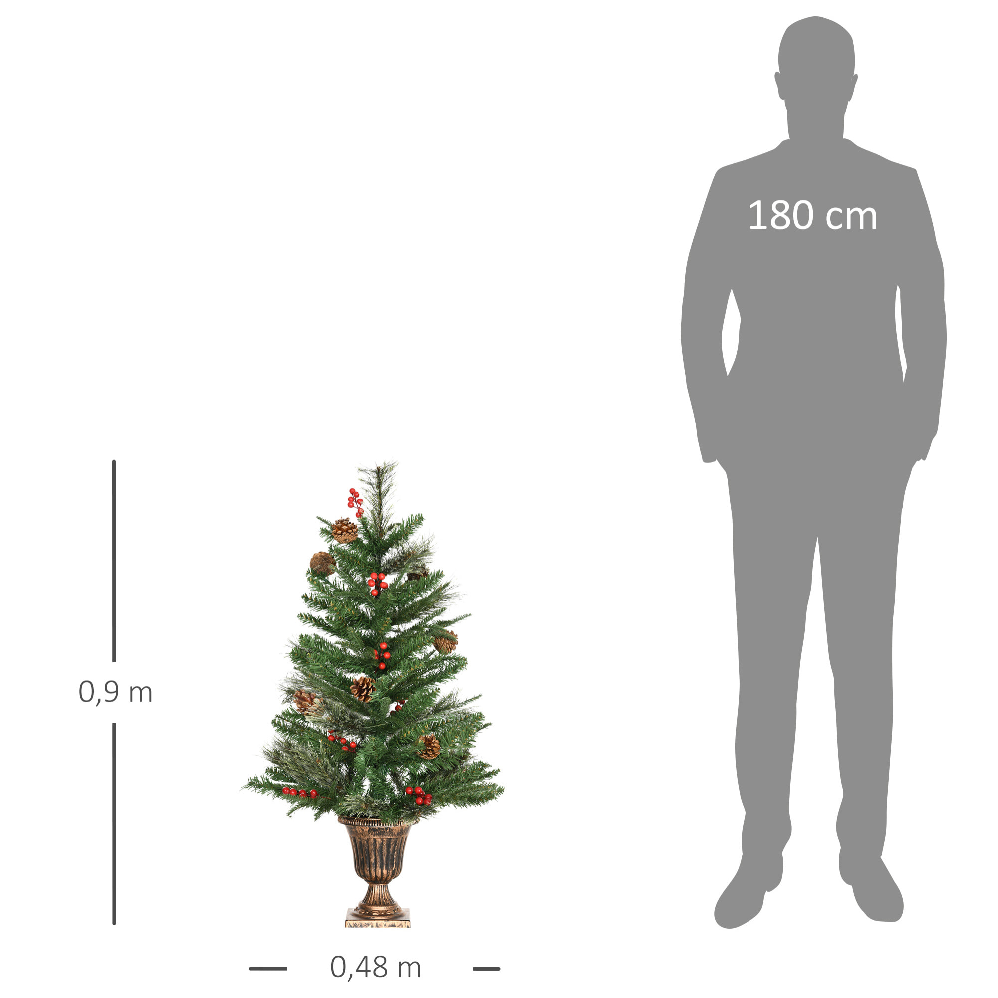 Juego de 2 Piezas de Árbol de Navidad Artificial 90 cm con Maceta Ignífugo con 110 Ramas 10 Bayas 8 Piñas y Hojas de PVC Decoración Navideña para Interiores Verde