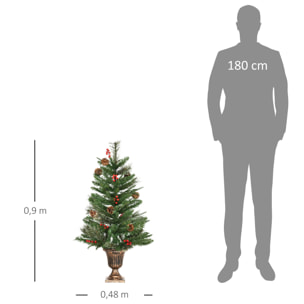 Juego de 2 Piezas de Árbol de Navidad Artificial 90 cm con Maceta Ignífugo con 110 Ramas 10 Bayas 8 Piñas y Hojas de PVC Decoración Navideña para Interiores Verde