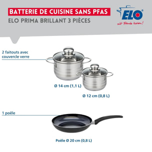 Ensemble de 1 Poêle de cuisson 20 cm et 2 faitouts 12 et 14 cm Elo Prima Brillant