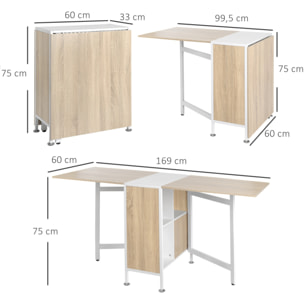 Table pliable de cuisine salle à manger 4 niches intégrées dim. dépliées 169L x 62l x 75H cm MDF chêne clair acier blanc