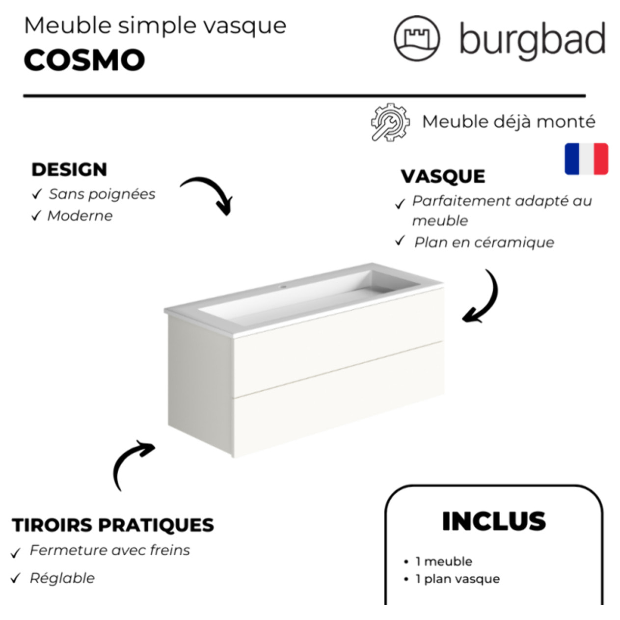 Pack meuble vasque 80 cm BURGBAD Cosmo blanc mat + miroir + colonne