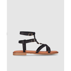Sandalias de Piel - Negro - Tacón: Bajo
