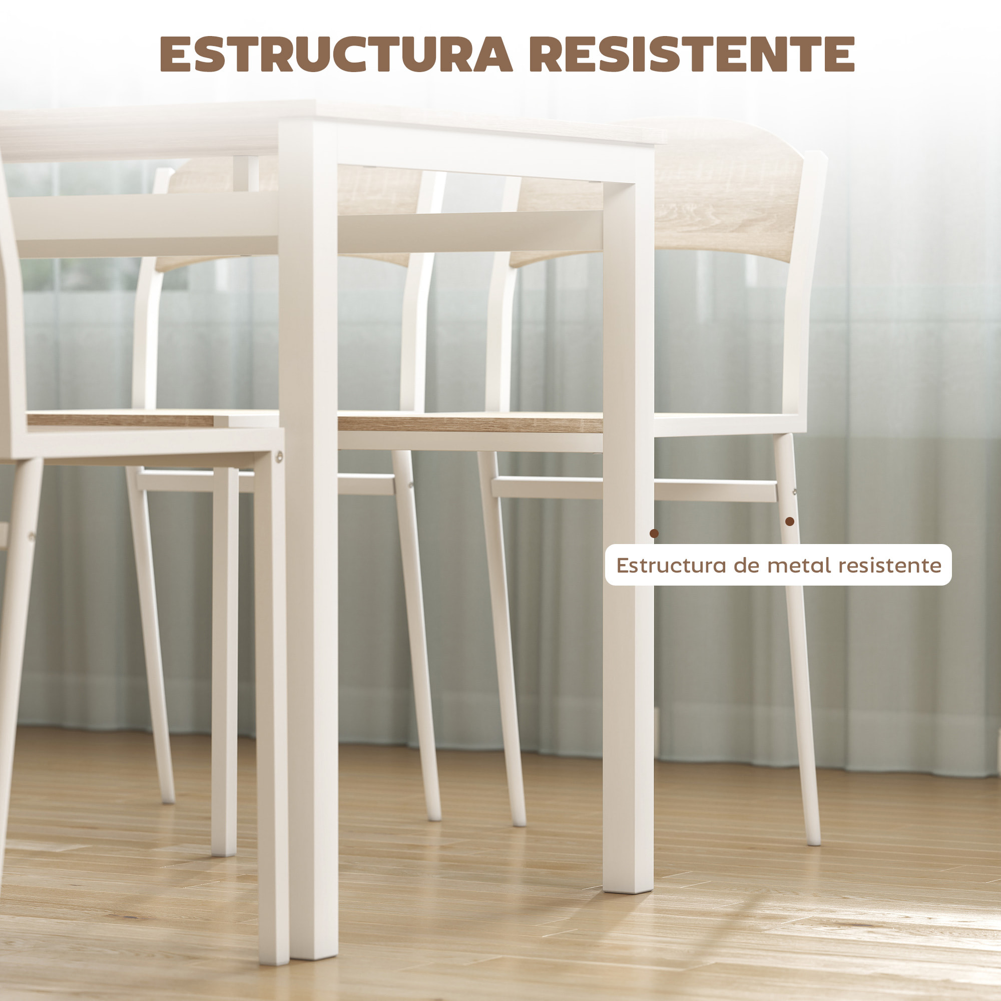 Juego de Mesa y Sillas de Comedor, Mesa de Cocina Redonda con 4 Sillas, Estilo Moderno, Marco Metálico, para Espacios Pequeños, Salón, Roble y Blanco