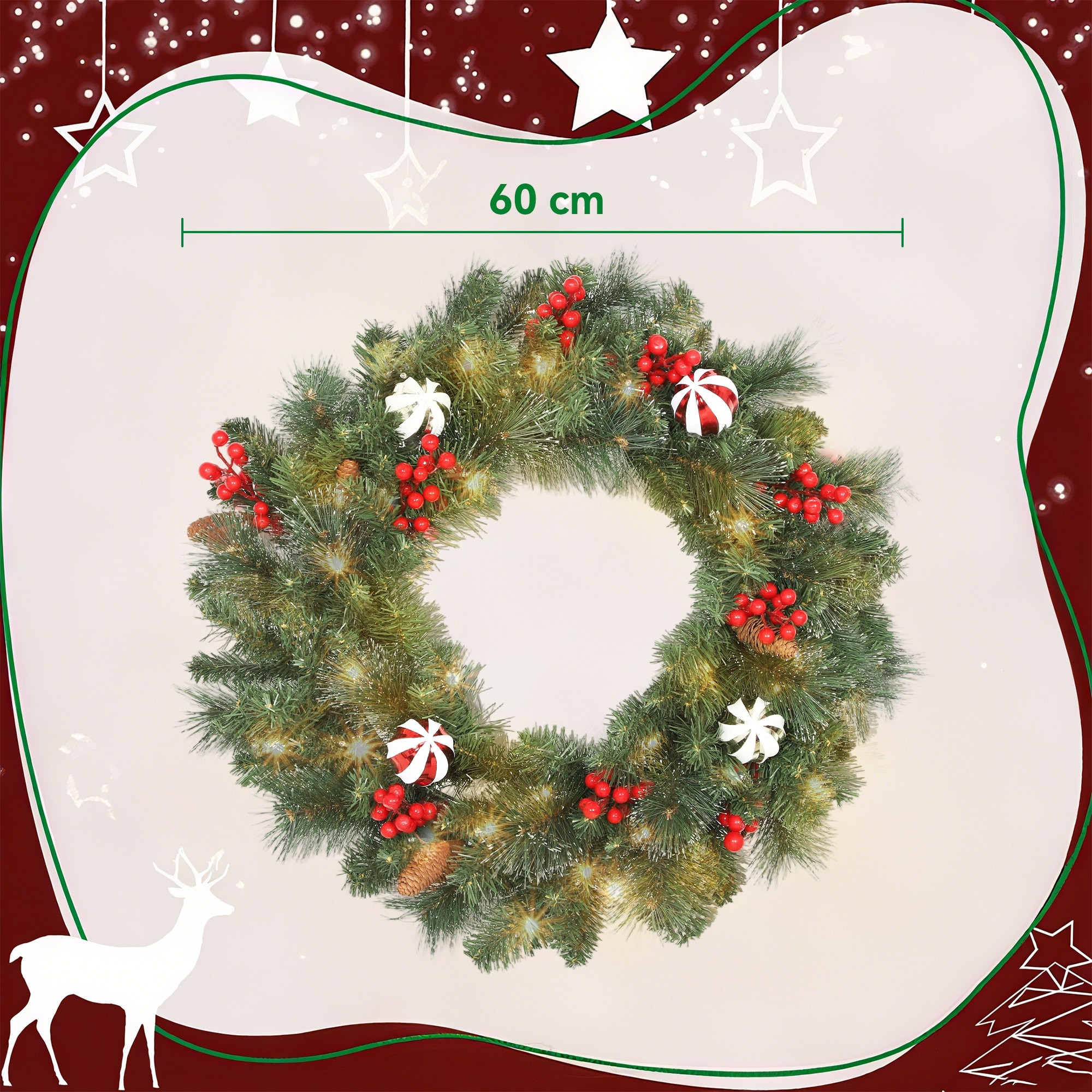 Couronne de Noël lumineuse LED décorée dia. 60 cm 50 LEDs blanc chaud timer vert