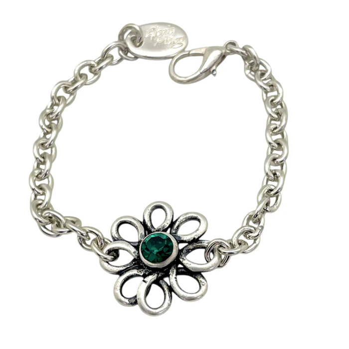 Pulsera flor margarita plata cristal Sw verde esmeralda