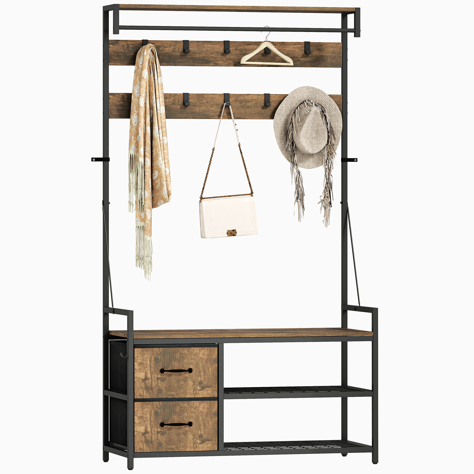 Perchero Zapatero 6 en 1, Perchero Entrada Recibidor con Banco, Zapatero Doble, 10 Ganchos Ajustables, 2 Cajones, Barra Colgante, Estilo Industrial, para Pasillo, 100x40x180 cm, Marrón Rústico