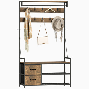 Perchero Zapatero 6 en 1, Perchero Entrada Recibidor con Banco, Zapatero Doble, 10 Ganchos Ajustables, 2 Cajones, Barra Colgante, Estilo Industrial, para Pasillo, 100x40x180 cm, Marrón Rústico