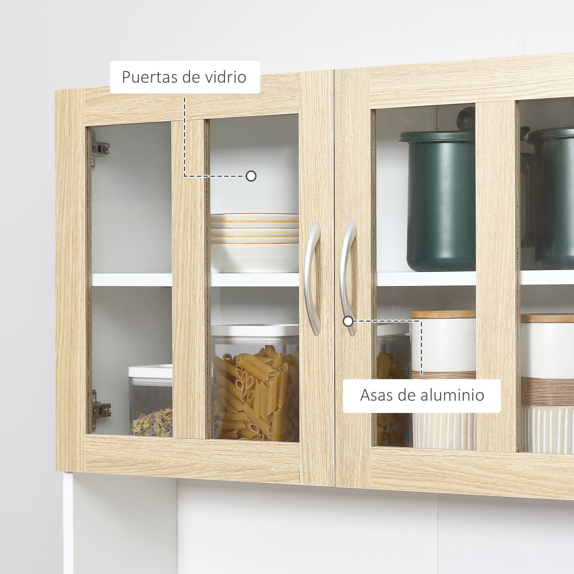 Alacena de Cocina Alta, Mueble Auxiliar de Cocina, con 4 Puertas de Vidrio, Encimera Abierta para Microondas, Cajón, Estantes Ajustables, 80x40x180 cm, Blanco y Natural