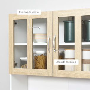 Alacena de Cocina Alta, Mueble Auxiliar de Cocina, con 4 Puertas de Vidrio, Encimera Abierta para Microondas, Cajón, Estantes Ajustables, 80x40x180 cm, Blanco y Natural