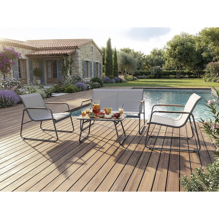 Salon de jardin en métal avec décor imitation bois "Sparta" - 4 places - Gris clair