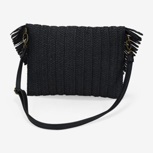 Bolso de mano negro con solapa y flecos