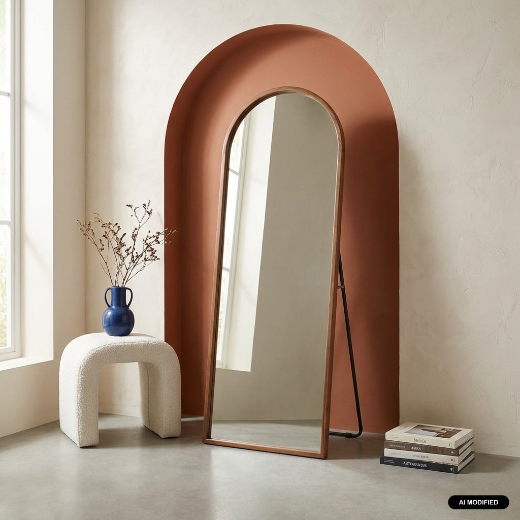 Miroir arche sur pied bois d'hévéa pied en acier 170cm LIAM