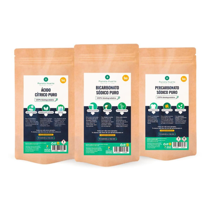 PLANETA HUERTO | Pack Limpieza Hogar Zero Waste, Bicarbonato Sódico 1 Kg, Percarbonato Sódico 1 Kg y Ácido Cítrico 1 Kg - Pacl Limpieza Productos Ecológicos y Biodegradables para Limpieza Natural