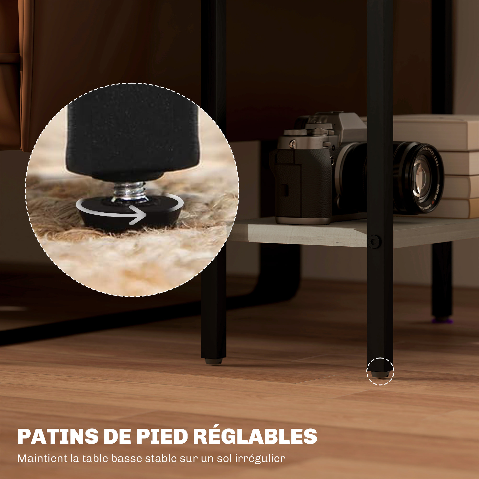 Bout de canapé design 2 étagères effet bois gris clair acier noir dim. 43 x 18 x 62,5 cm
