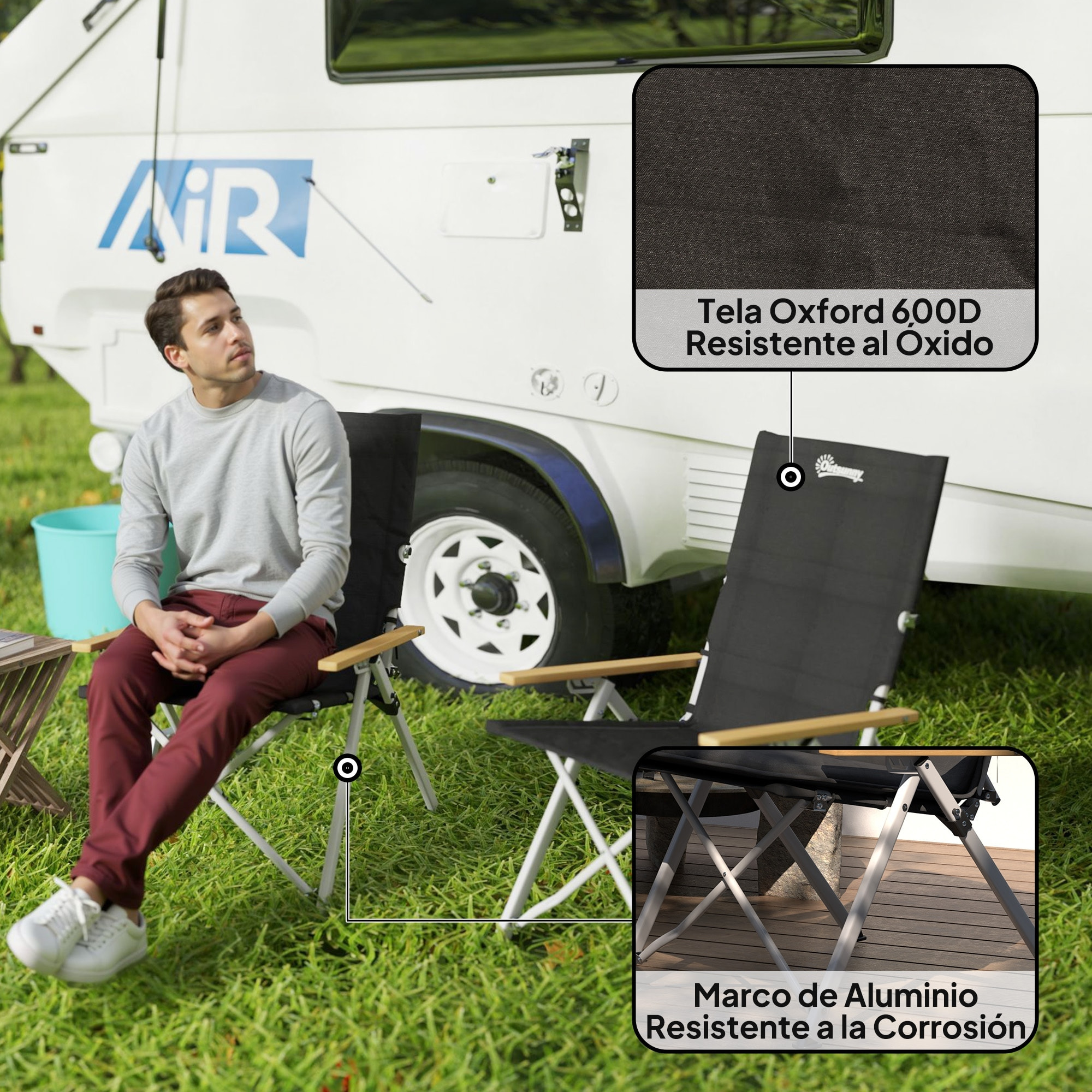 2 Sillas de Camping Plegables de Aluminio Sillas de Jardín Portátiles con Respaldo Alto Ajustable Reposabrazos de Madera y Bolsa de Transporte para Exterior 59x67x96 cm Negro