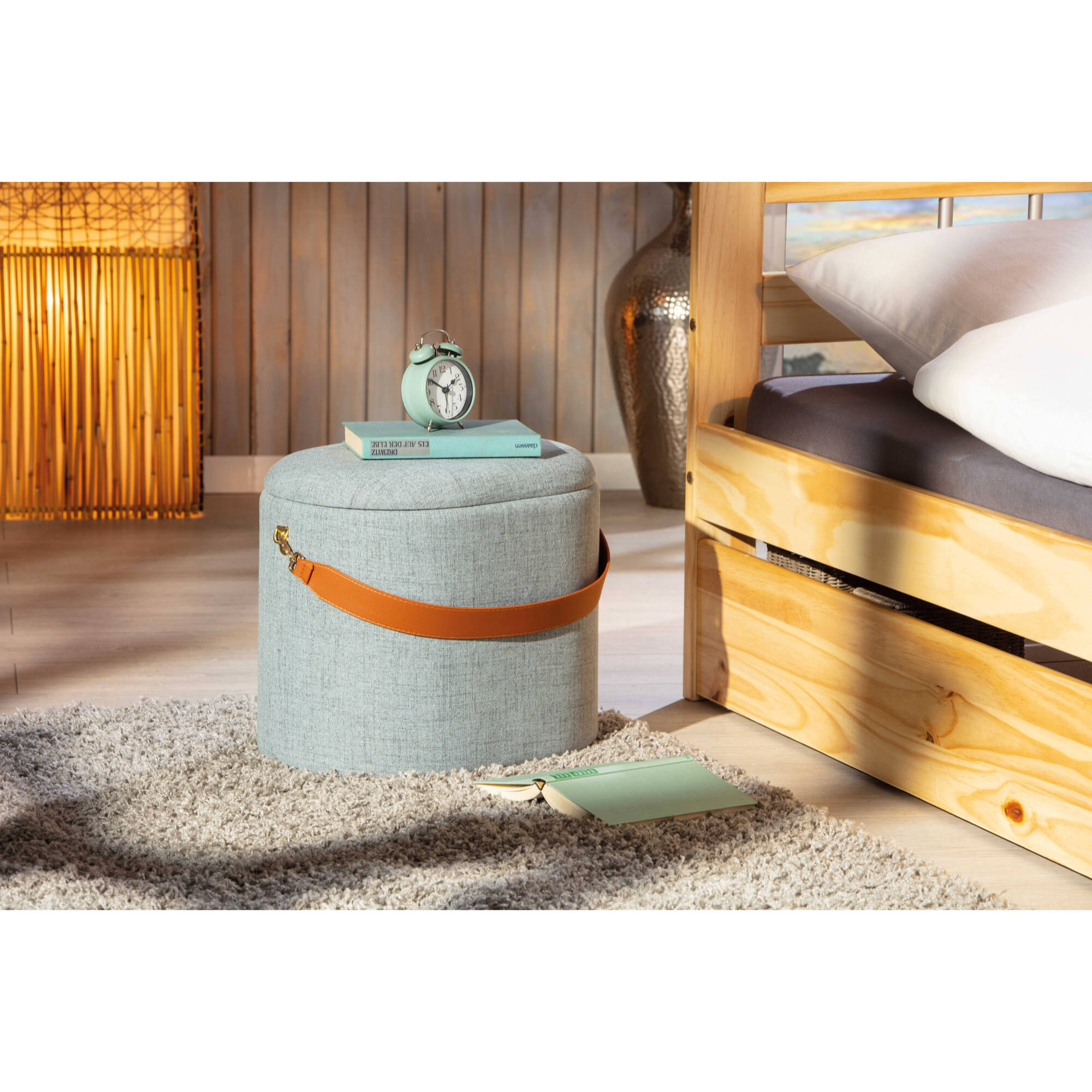 Pouf contenitore in tessuto con maniglia in ecopelle, 42 x 36 x 30, Grigio